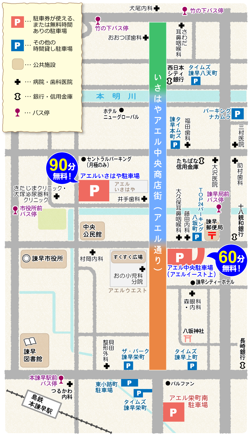 アエル中央商店街周辺の駐車場・公共施設・病院マップ